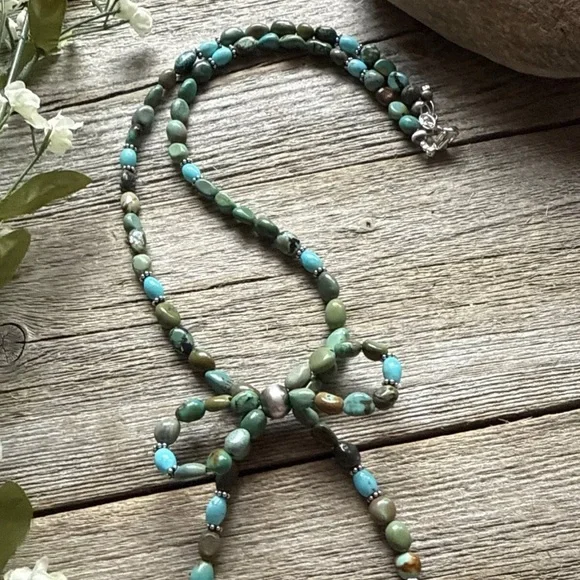 Bow Blue Green Turquoise Sterling Silver Pearls Bead Necklace. 18 Inch. Gift
